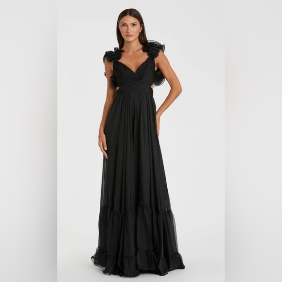 NWT | Mac Duggal 67911 Black Ruffle Tiered Cut-Out Chiffon Gown Size 8 - Picture 3 of 12